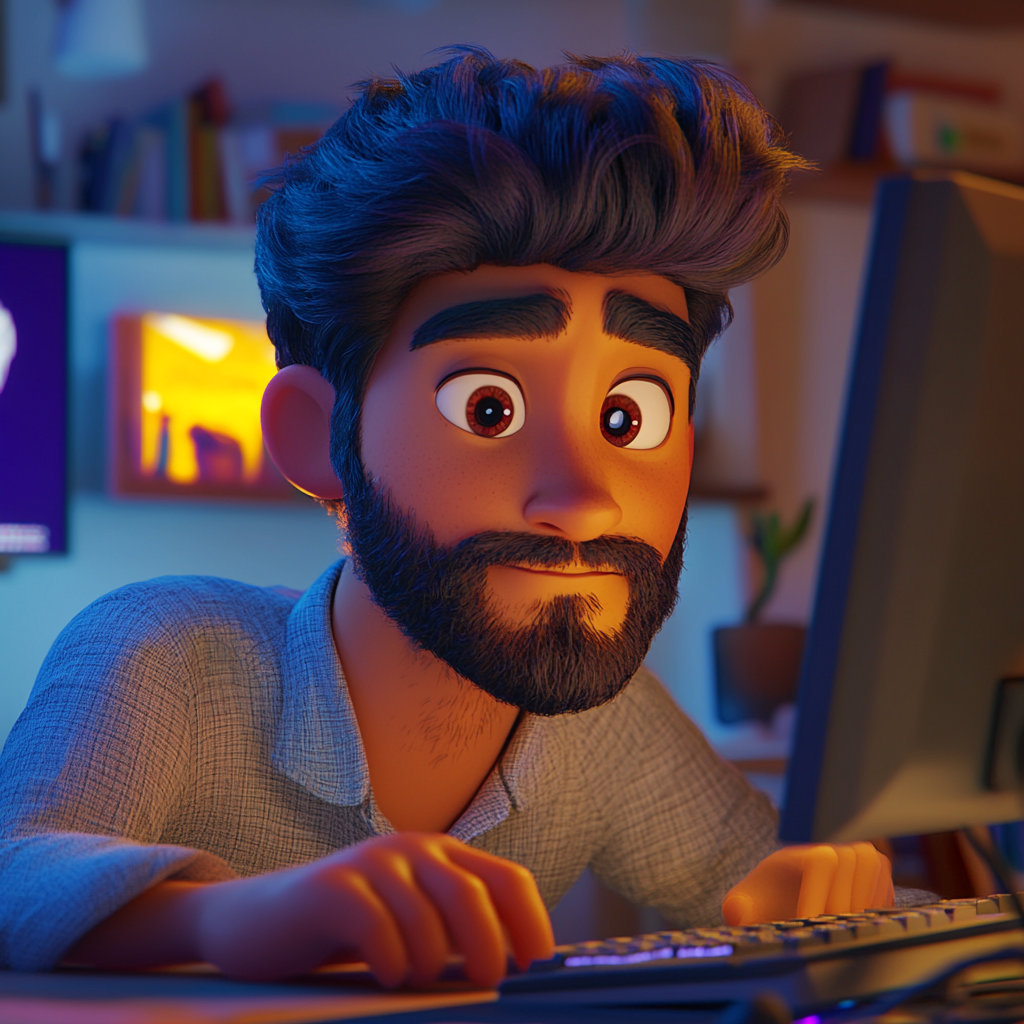 Hispanic guy content on computer, age 27-33, clean-cut beard.