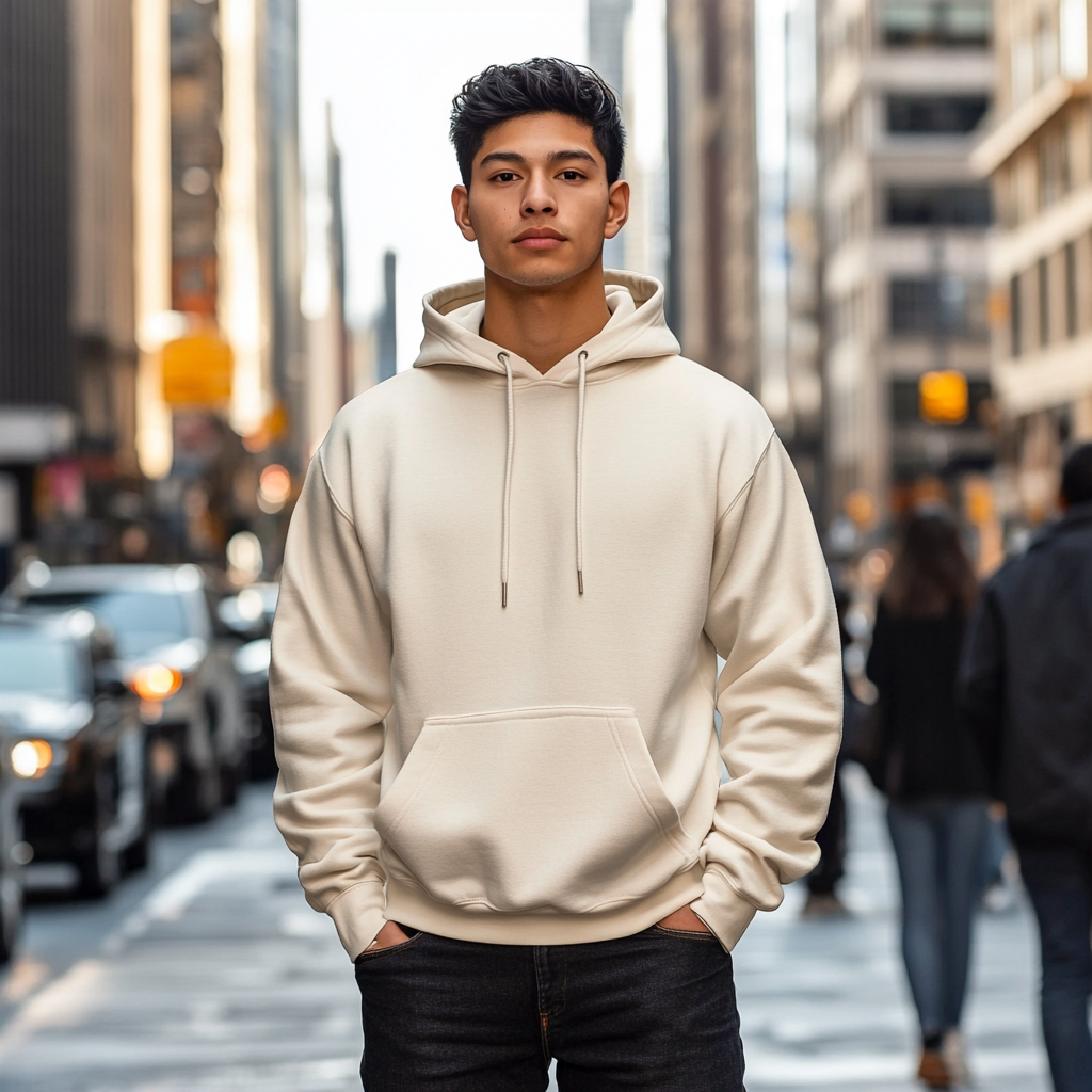 Hispanic male model in Gildan Hoodie on city street.