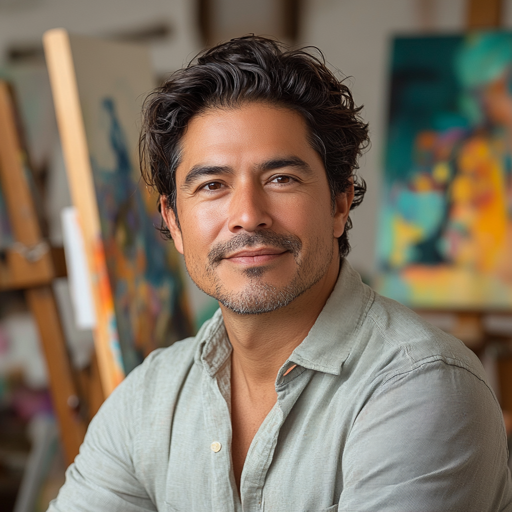 Hispanic man, wavy hair, stubble, friendly, thoughtful in art studio.