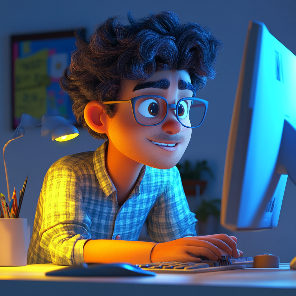 Hispanic man at computer in 3D Pixar theme.