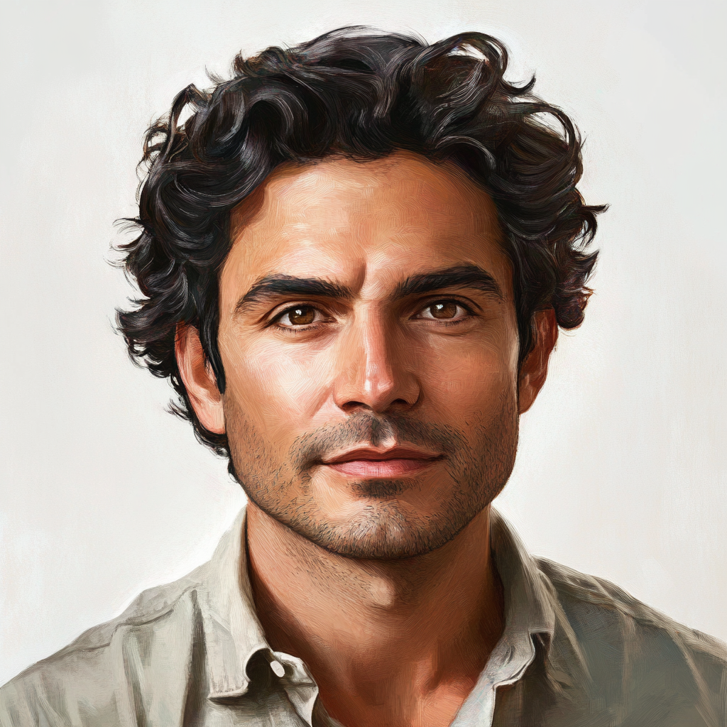 Hispanic man in 40s, wavy dark hair, friendly expression.