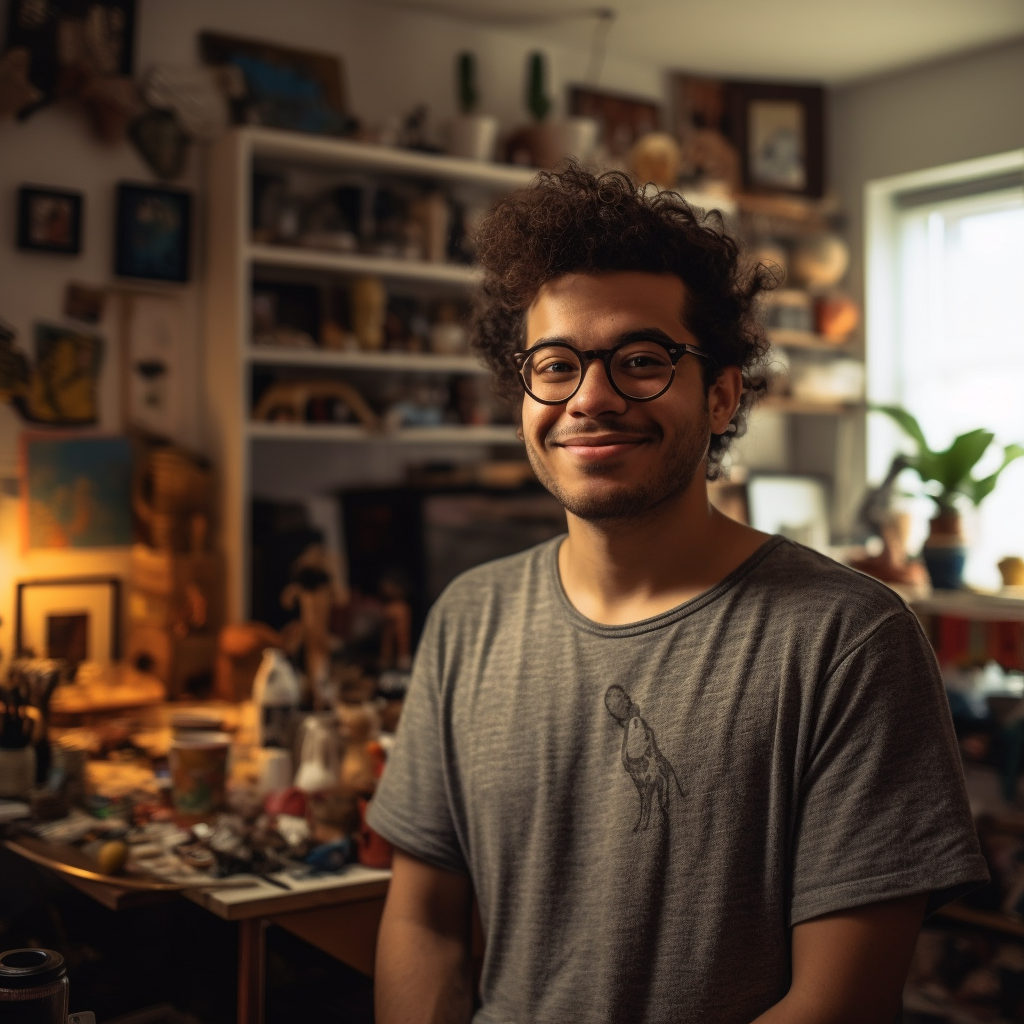 Hispanic man in urban apartment with 3D printer