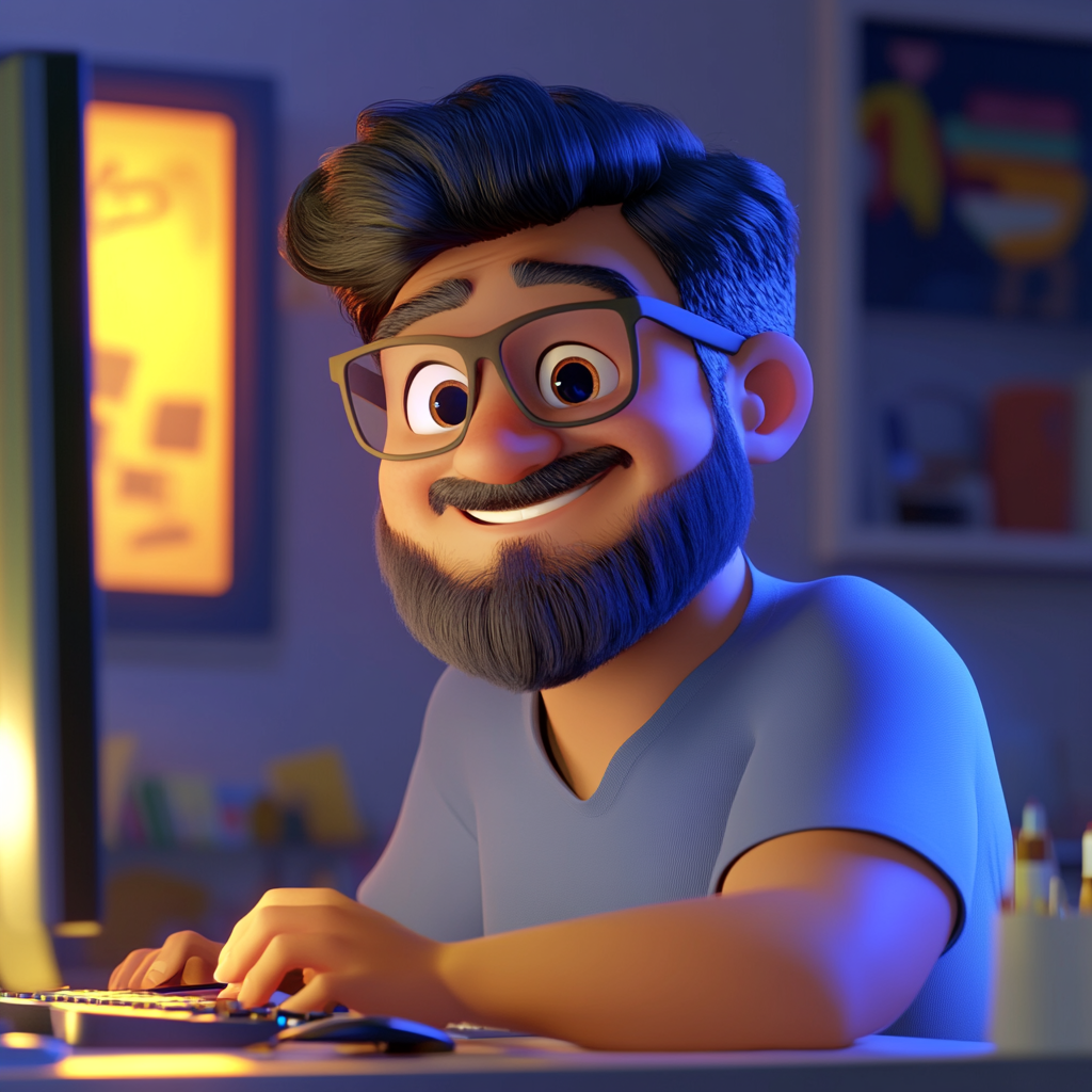 Hispanic man works happily on computer in dim room.