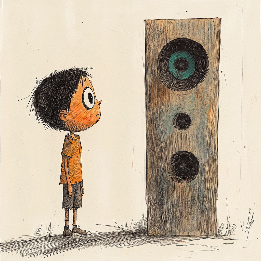 Hispanic toddler drawing with giant speaker, primitive style