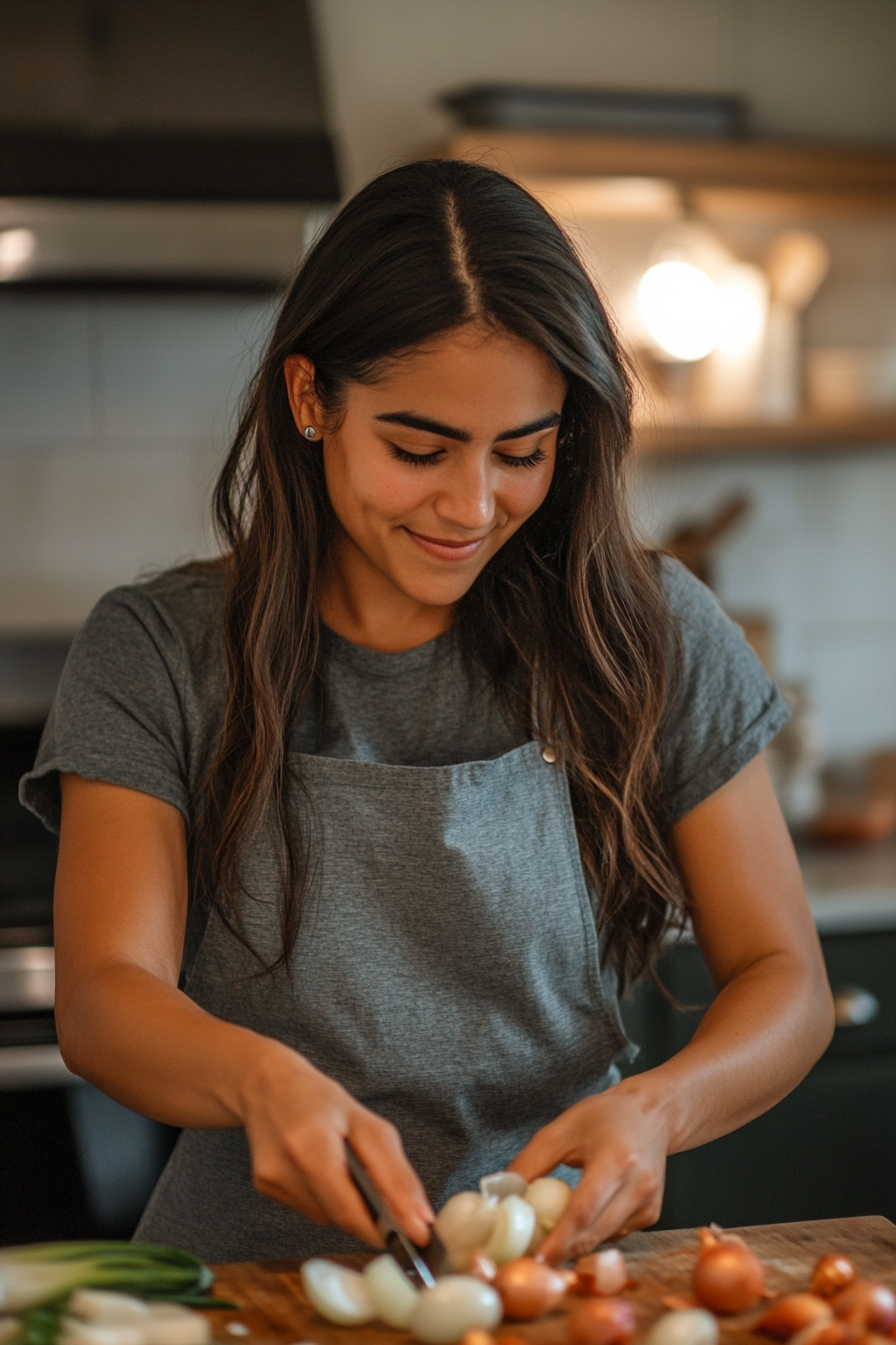 Hispanic woman chopping onions, smiling, real photography -- raw