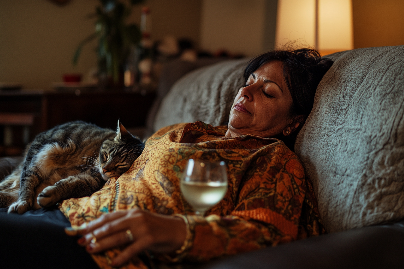 Hispanic woman relaxing with cat, wine on couch, soft lighting.