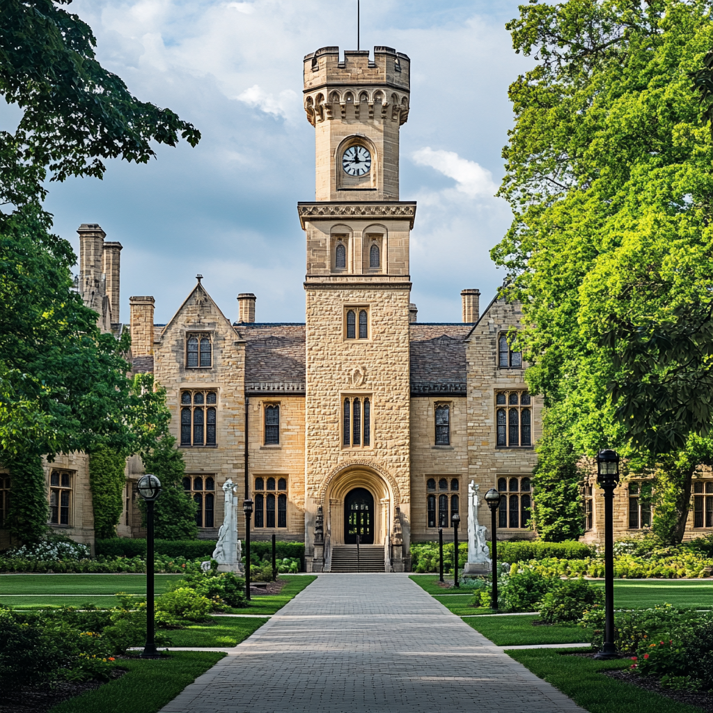 Historic university campus with grand architecture and elegant surroundings.