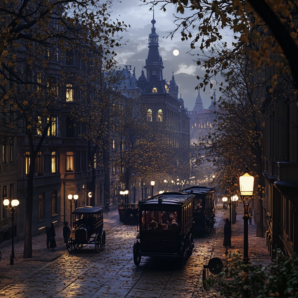 Historical 1900s Budapest cityscape with old buildings and cars.