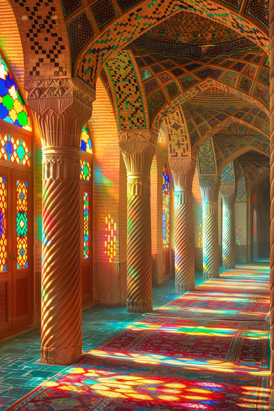 Historical Iranian mosque hallway with colorful stained-glass windows.