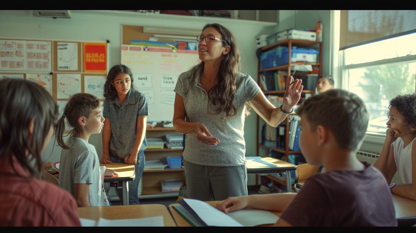 History teacher engaging students in modern classroom with Canon EOS 5D.