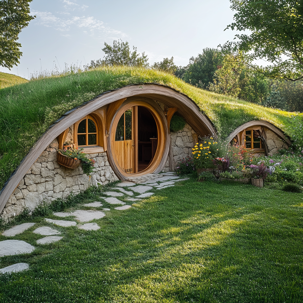 Hobbit Style House with Green Roof on Stone Wall 