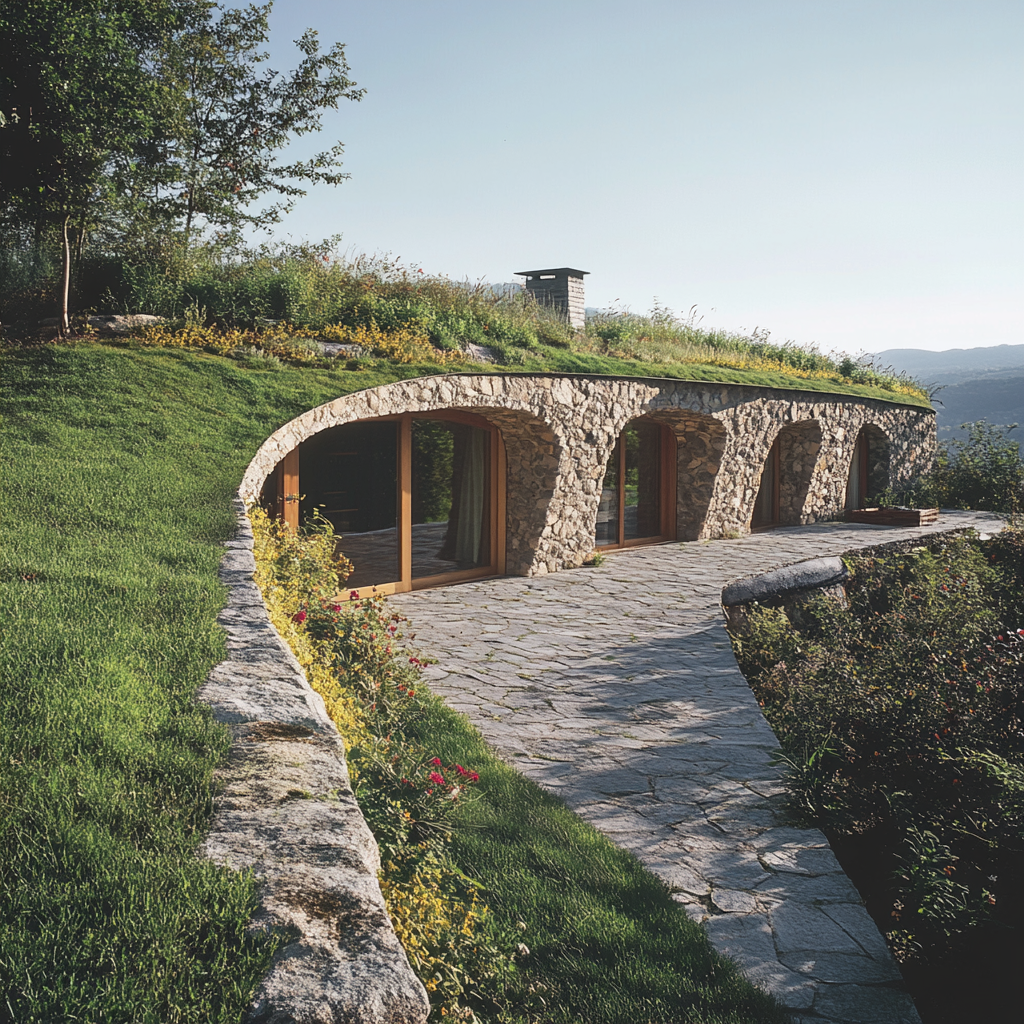 Hobbit-Style House with Vegetated Roof on Stone Terrace