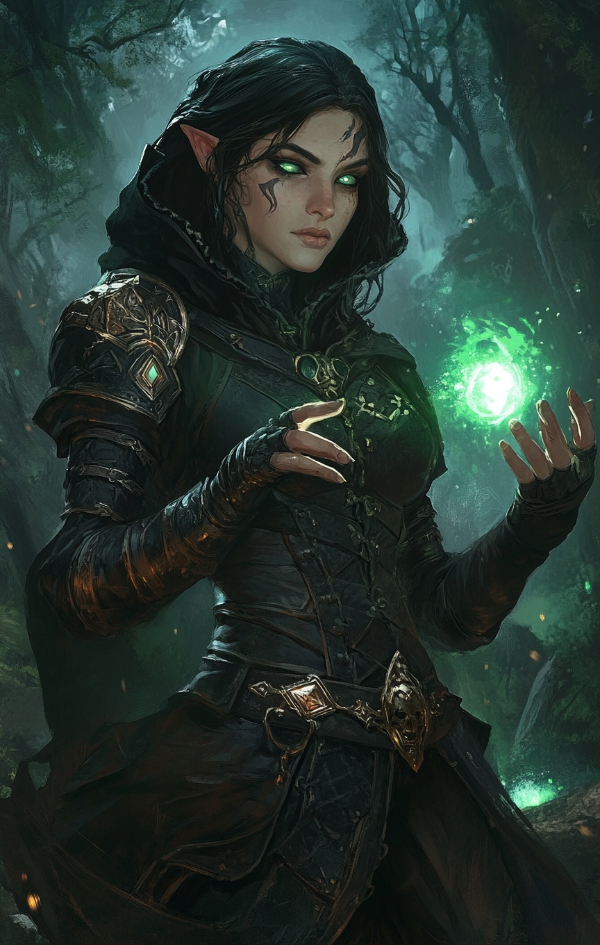 Hobbit female bandit mage casting magic in night forest.