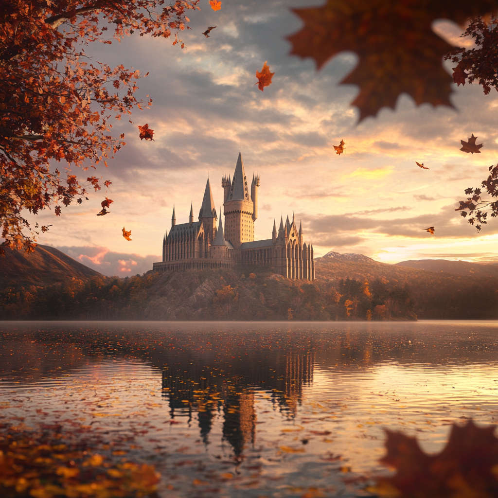 Hogwarts in fall with moody sky, fallen leaves.