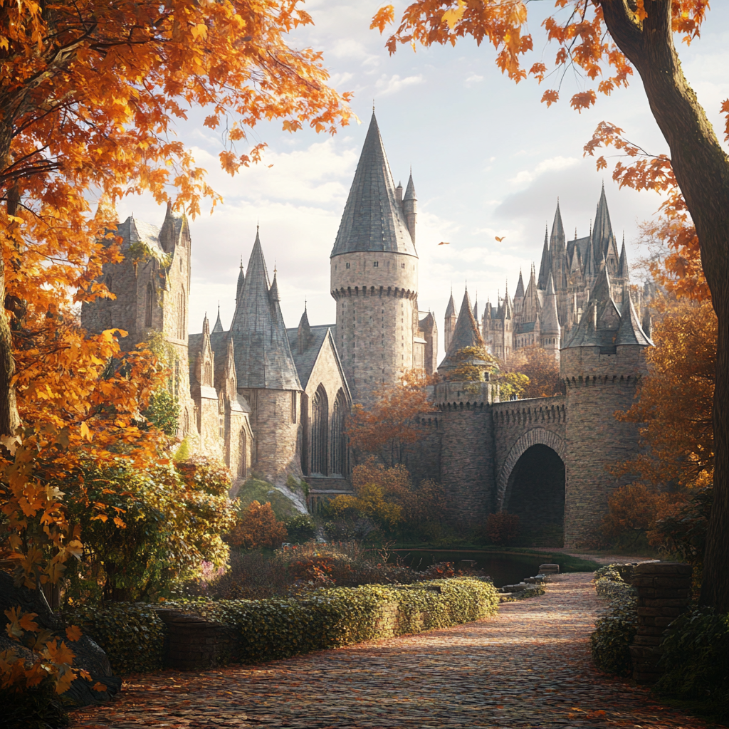 Hogwarts in fall: magical and serene scene.