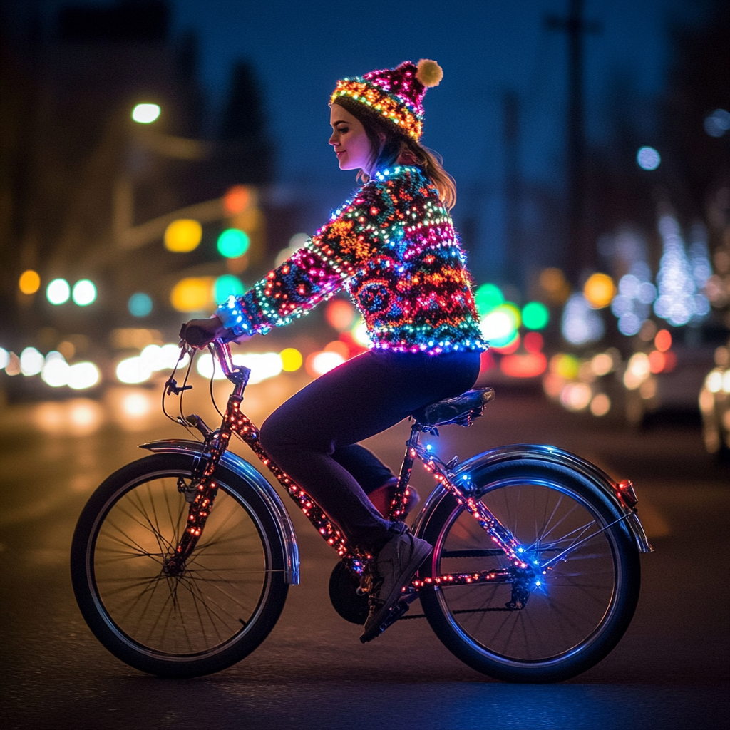 Holiday Cyclist in Festive Sweater on City Street