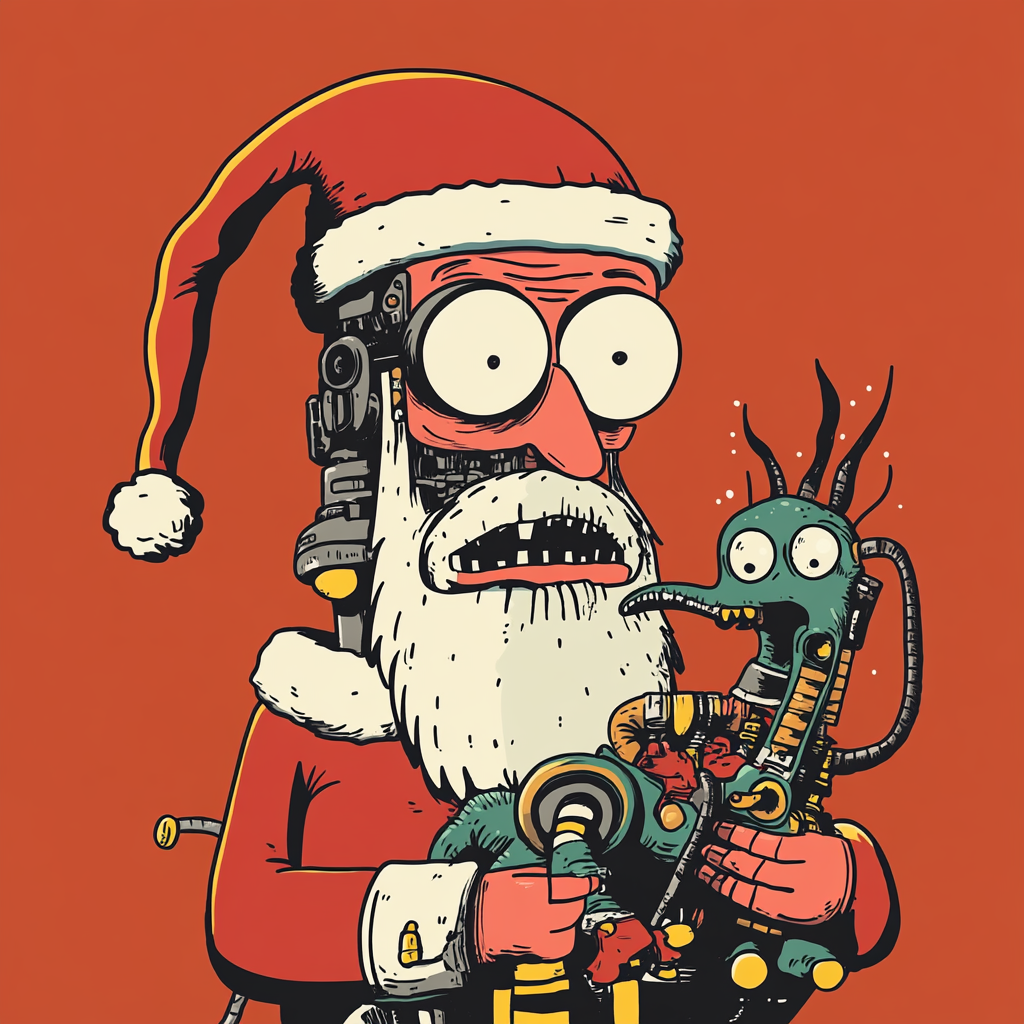 Holiday Robot Holds Alien Dog in Groening Style