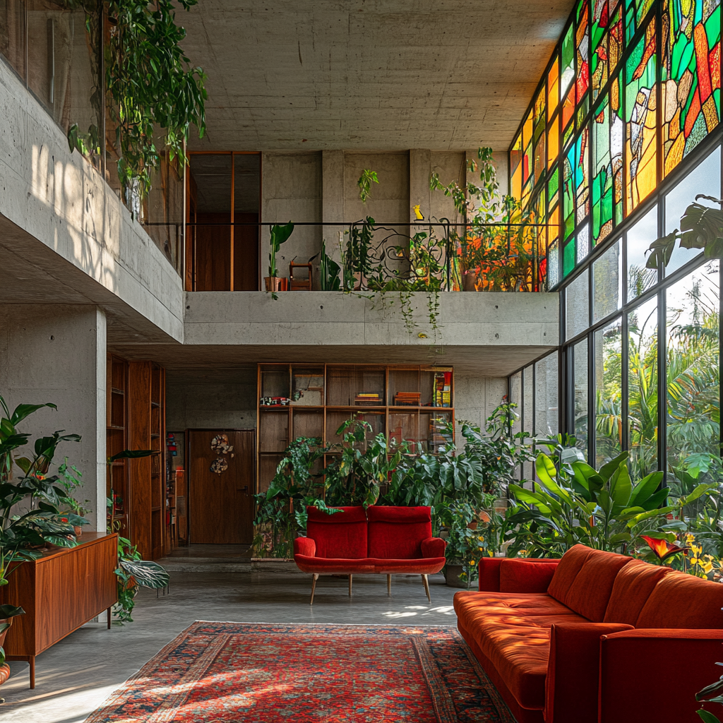 Holiday home lounge with greenery, stained glass window.