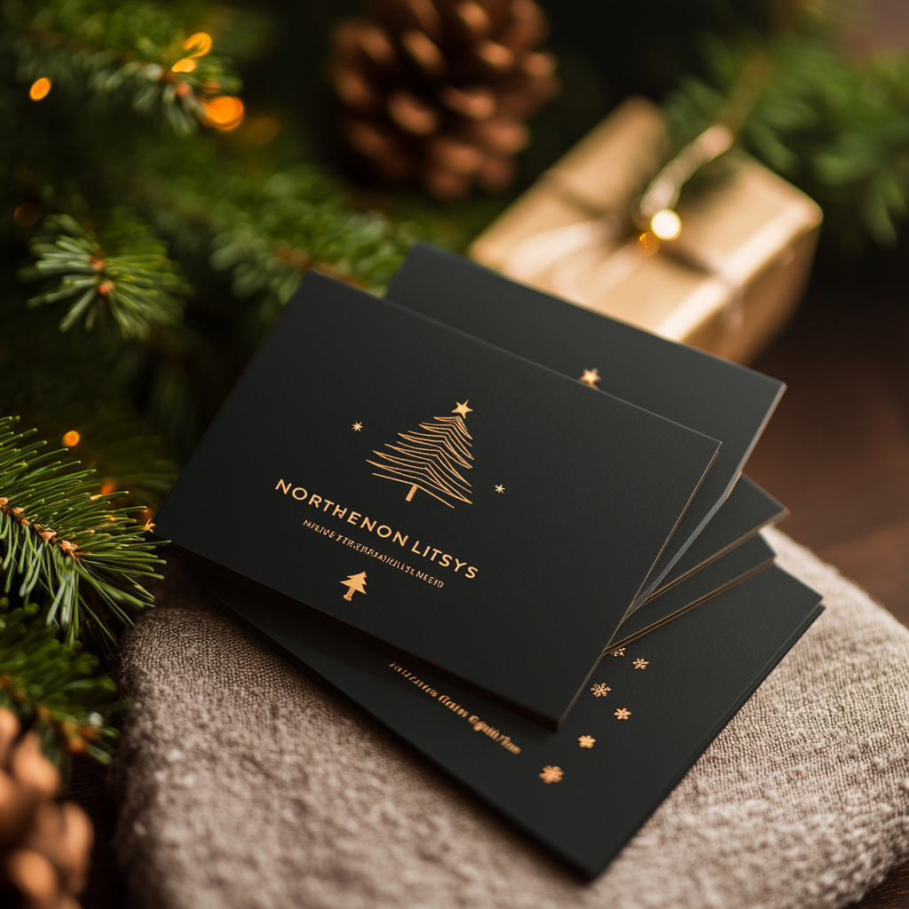 Holiday lighting company card with festive design