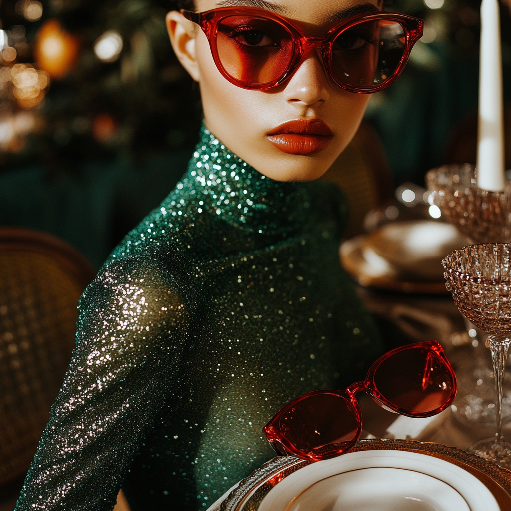 Holiday table with colorful fabrics, person wearing sequins