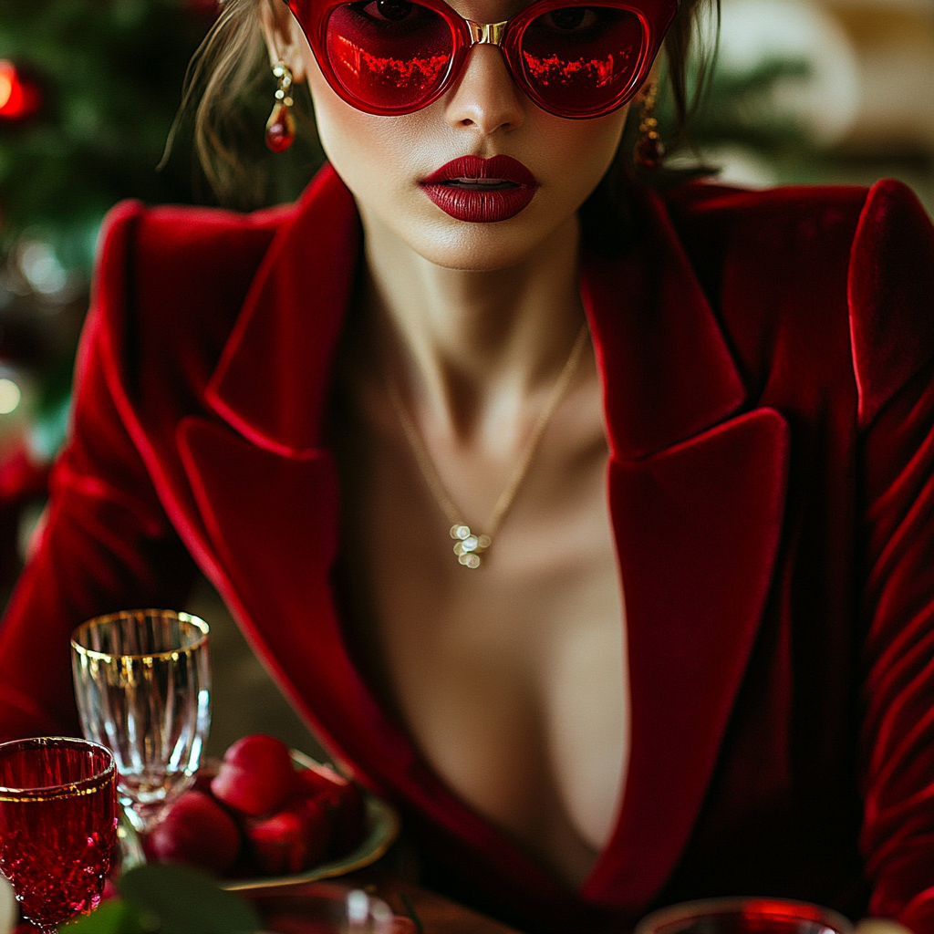 Holiday tablescape with woman in red jacket and sunglasses.