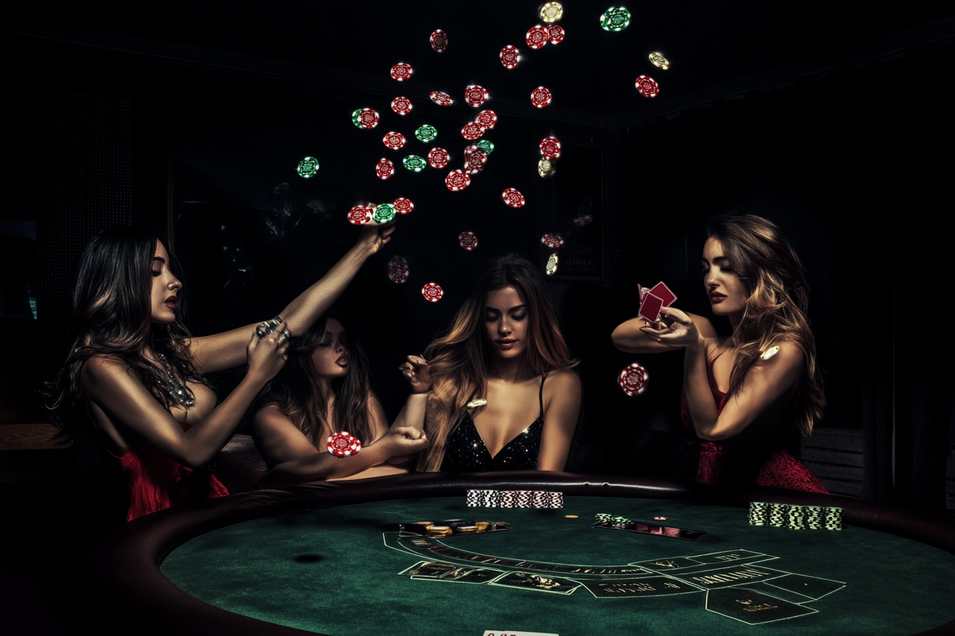 Holly Randall-style photography, beautiful women at poker table.