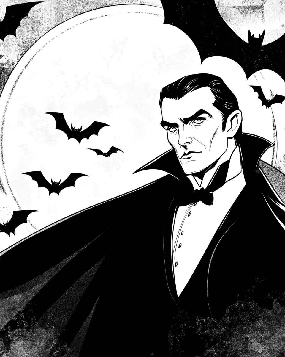 Hollywood movie Dracula with bats and full moon.