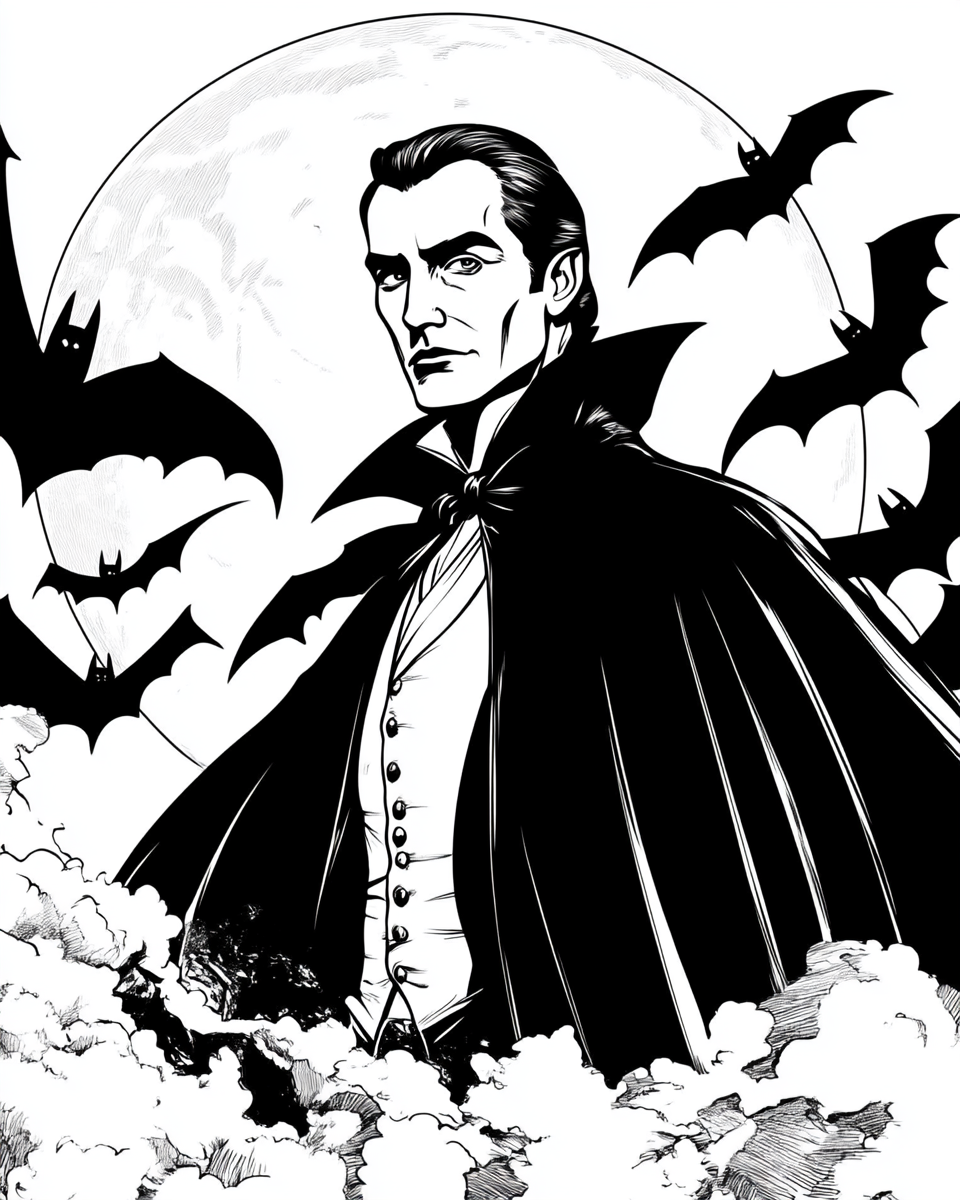 Hollywood movie Dracula with large bats and full moon.