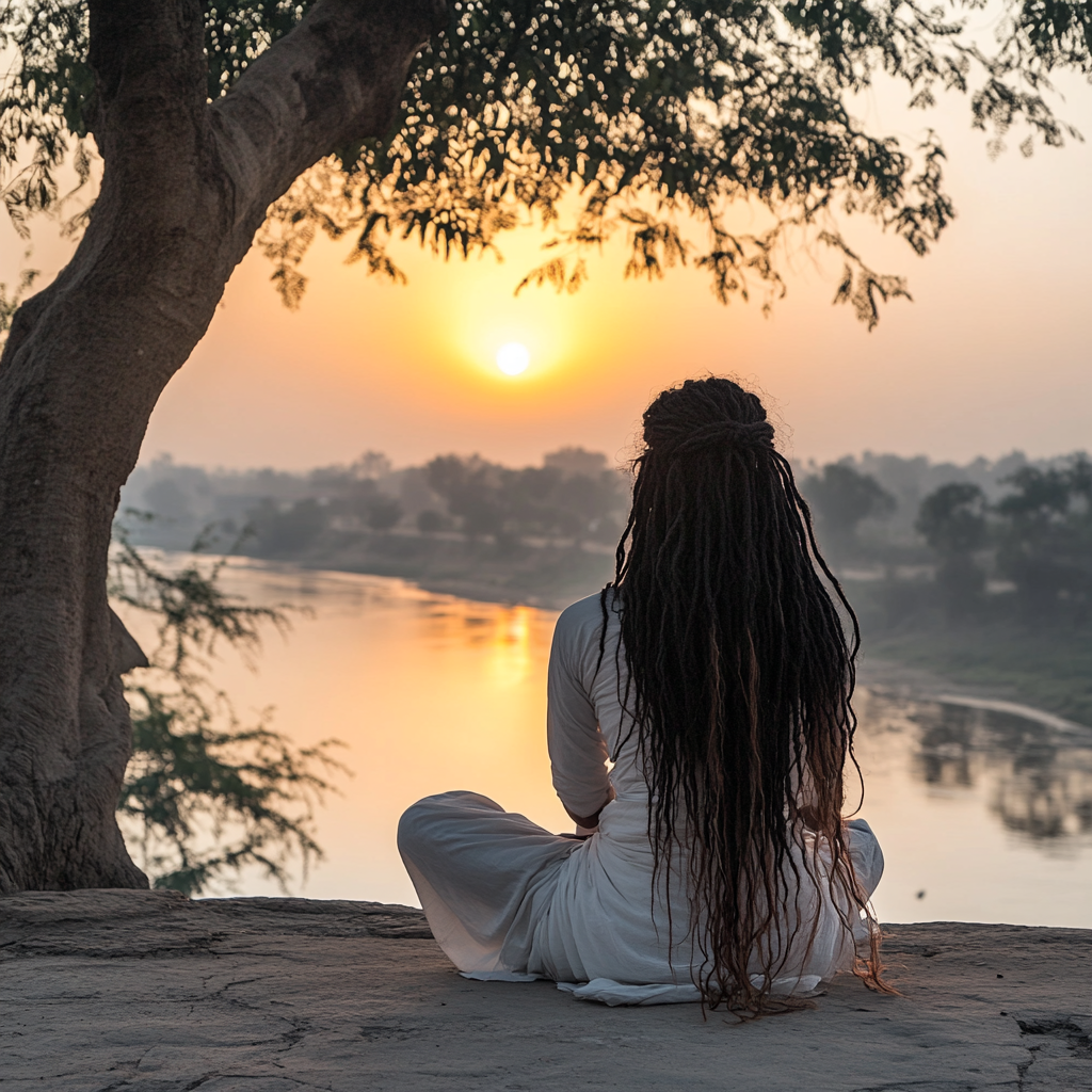 Holy woman with dreadlocks sits by river at sunset