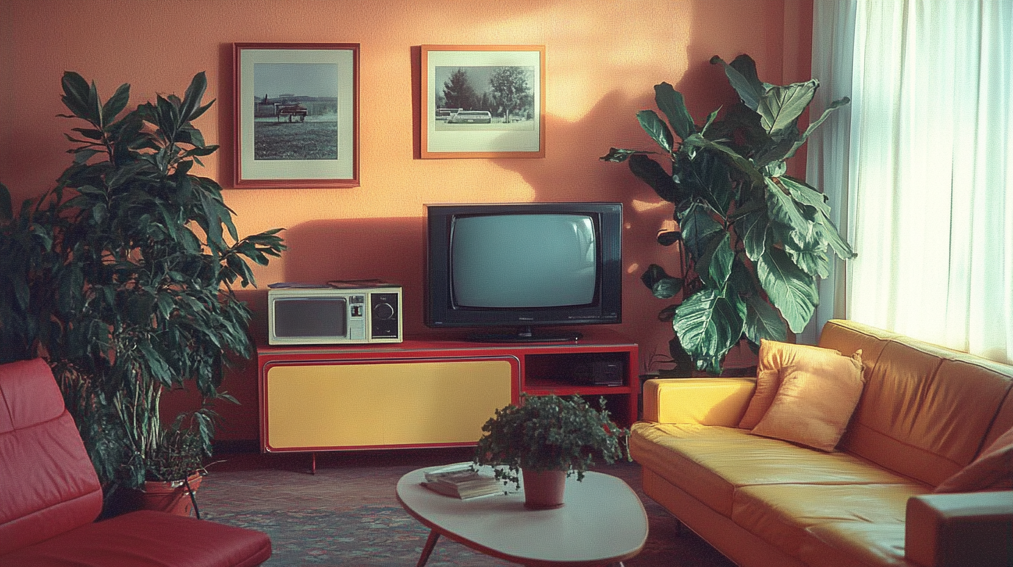 Home decor shown in 1980s magazine with modern furniture.