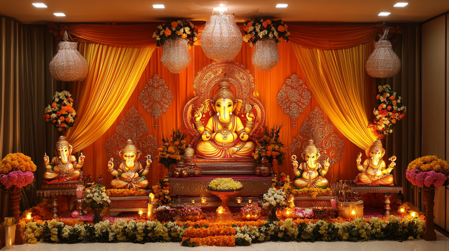 Home pandal with traditional elements, warm festive ambiance.