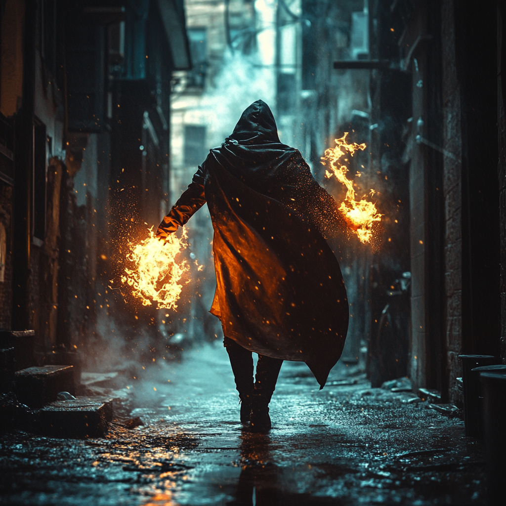 Homeless hero in dark alley, controlling fire and lightning.