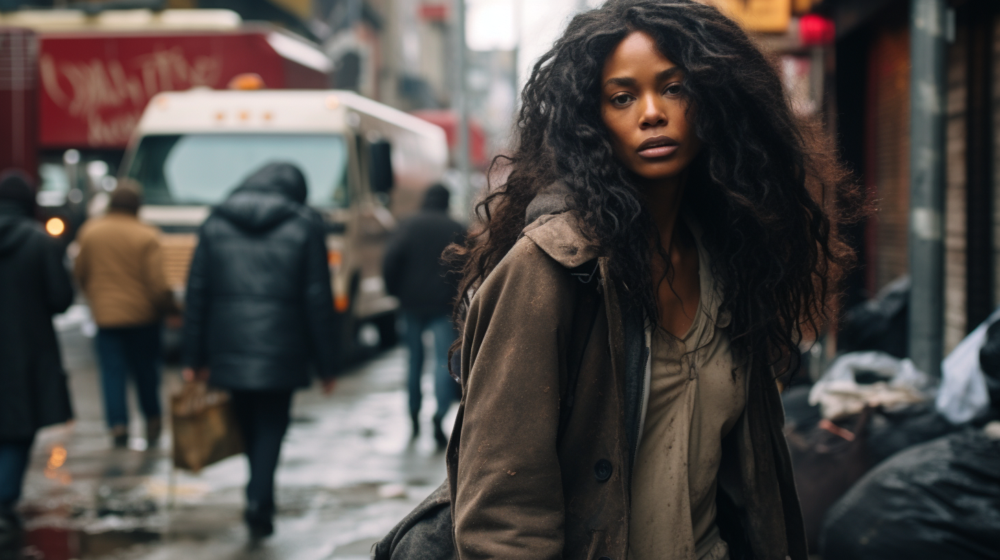 Homeless woman and white hobo in New York