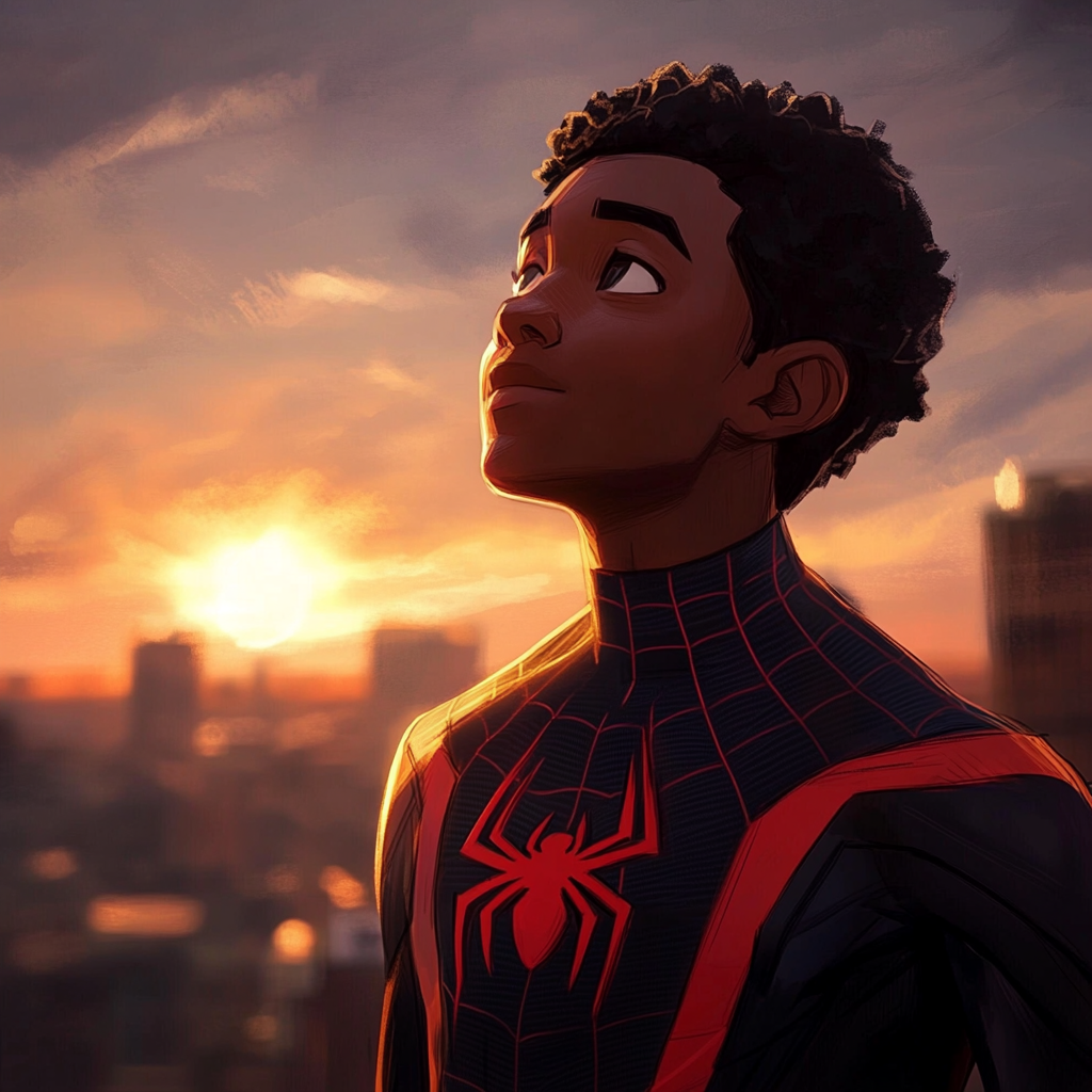 Homem Aranha Miles olhando para belo por do sol.