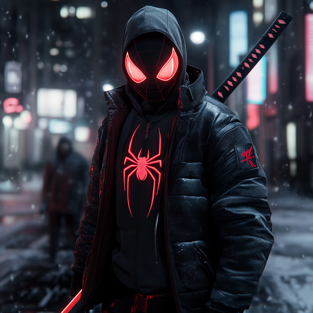 Homem-aranha Miles Morales, casaco preto, katana neon, chuva.