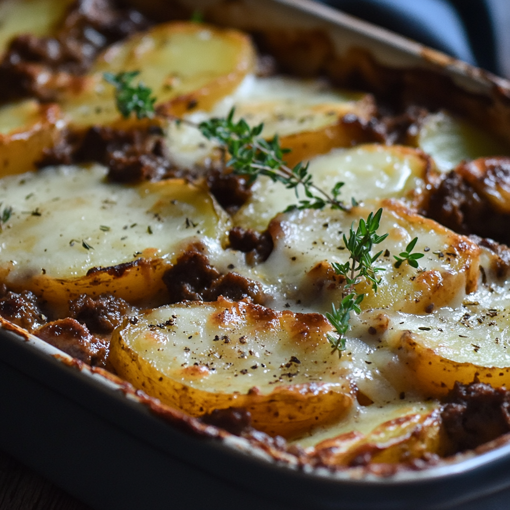 Homemade beef and potato casserole in rustic setting.