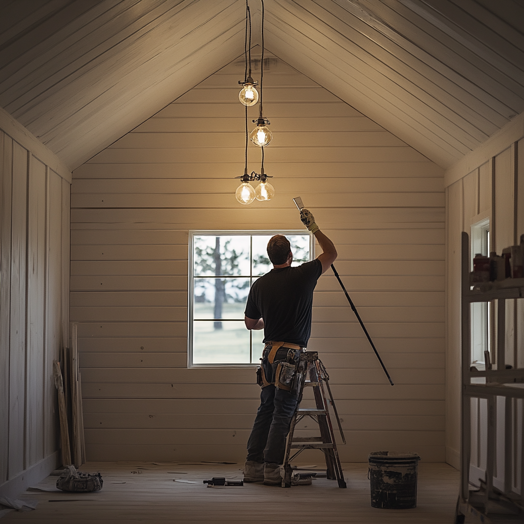 Homeowner multitasking, DIY project in barndominium, saving money.