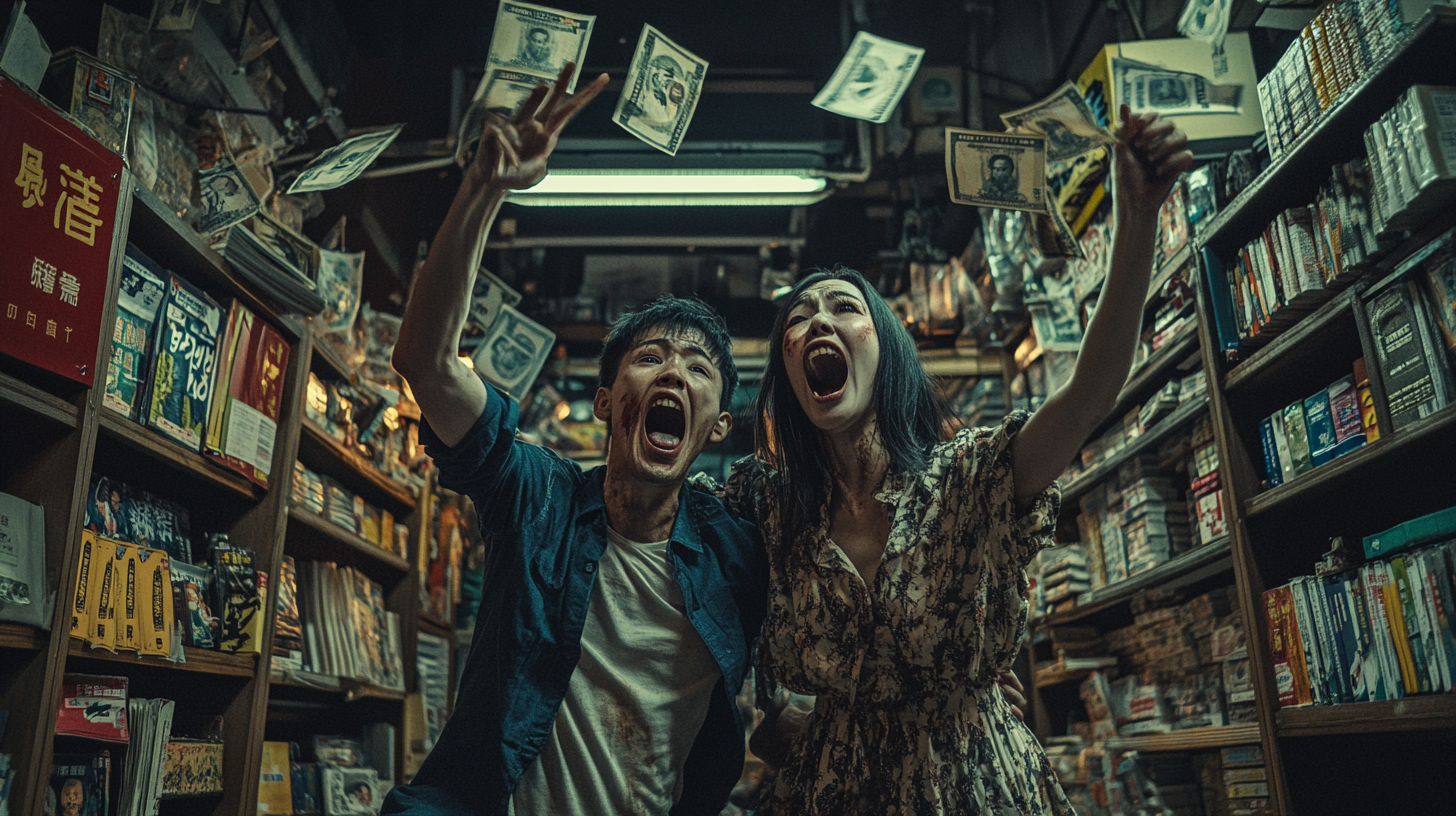 Hong Kong zombie couple arguing in bookstore with money.