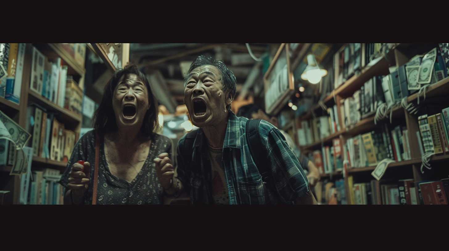 Hong Kong zombie couple arguing in dramatic bookstore scene.