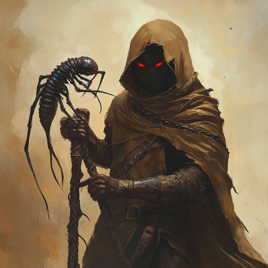 Hooded figure in brown armor holds iron staff weapon.