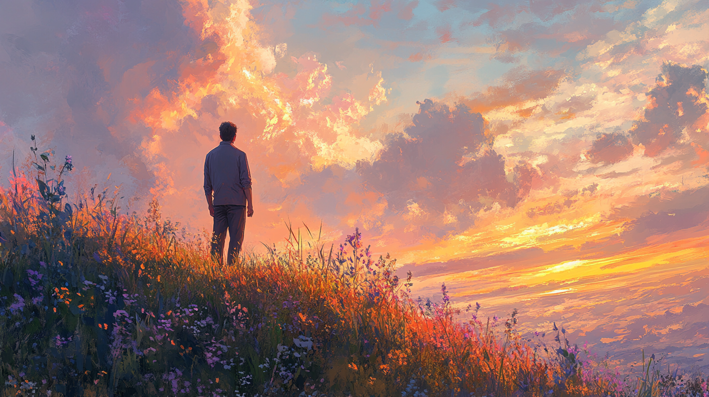 Hopeful Father Gazing Over Monet-Inspired Landscape