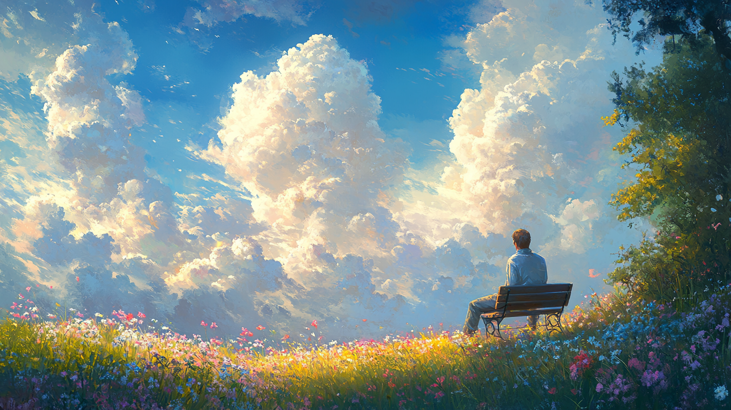 Hopeful father in Monet-style field of wildflowers