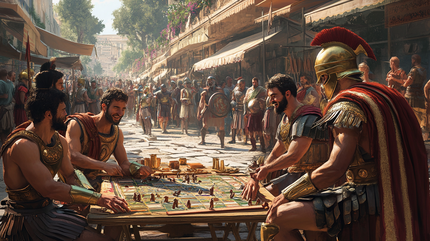 Hoplites having fun playing Greek board game at marketplace.