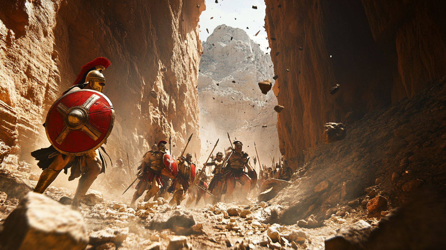 Hoplites holding off enemy force in narrow canyon.