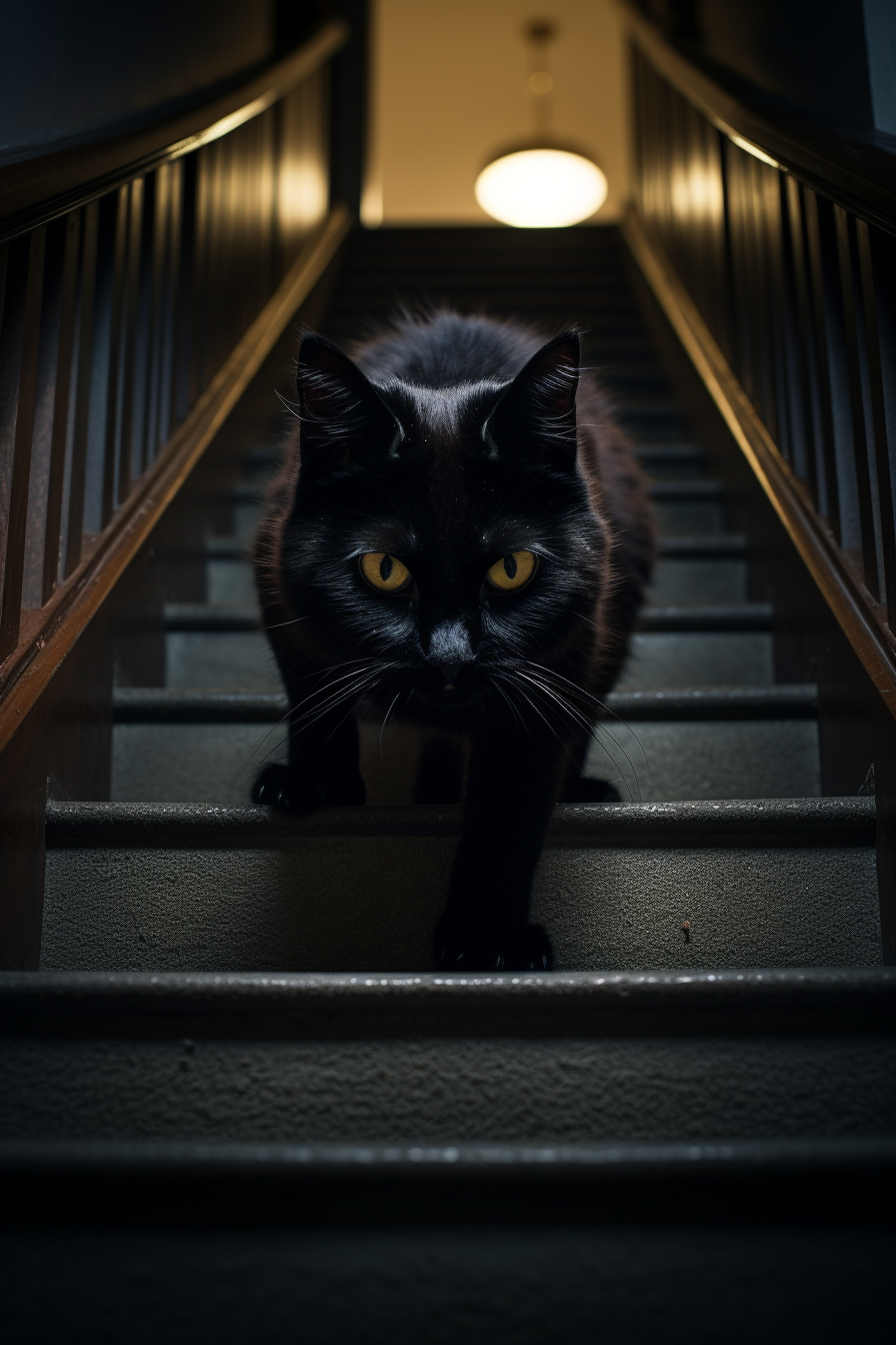 Horror film with evil black cat crawling stairs.