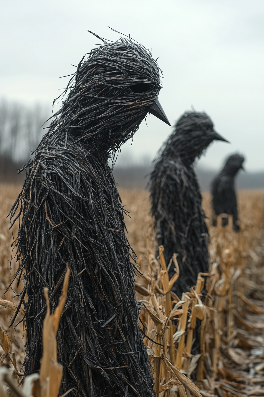 Horror movie style, side view, straw man, crows.