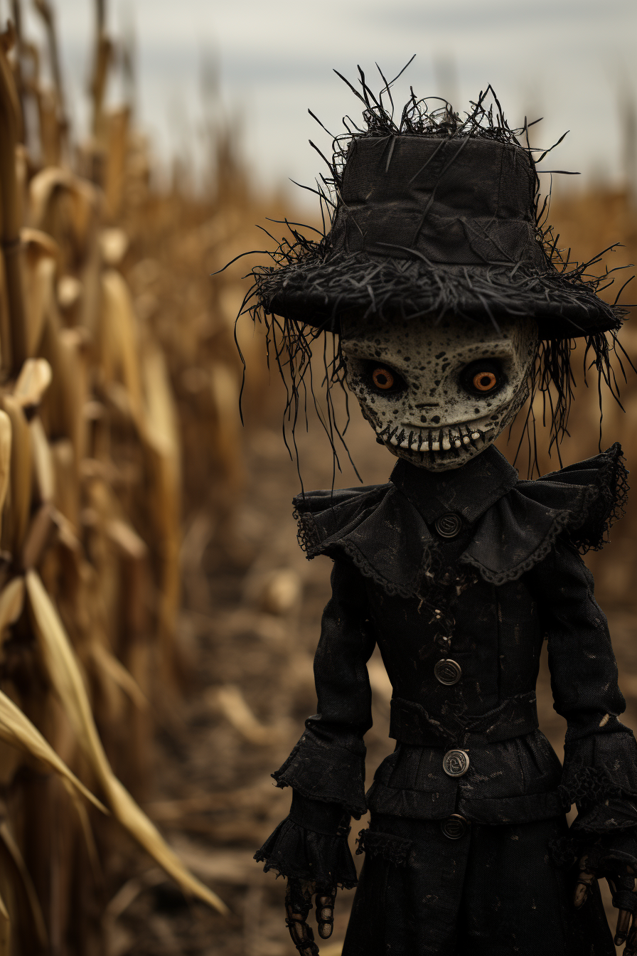 Horror movie style with realistic doll in field.