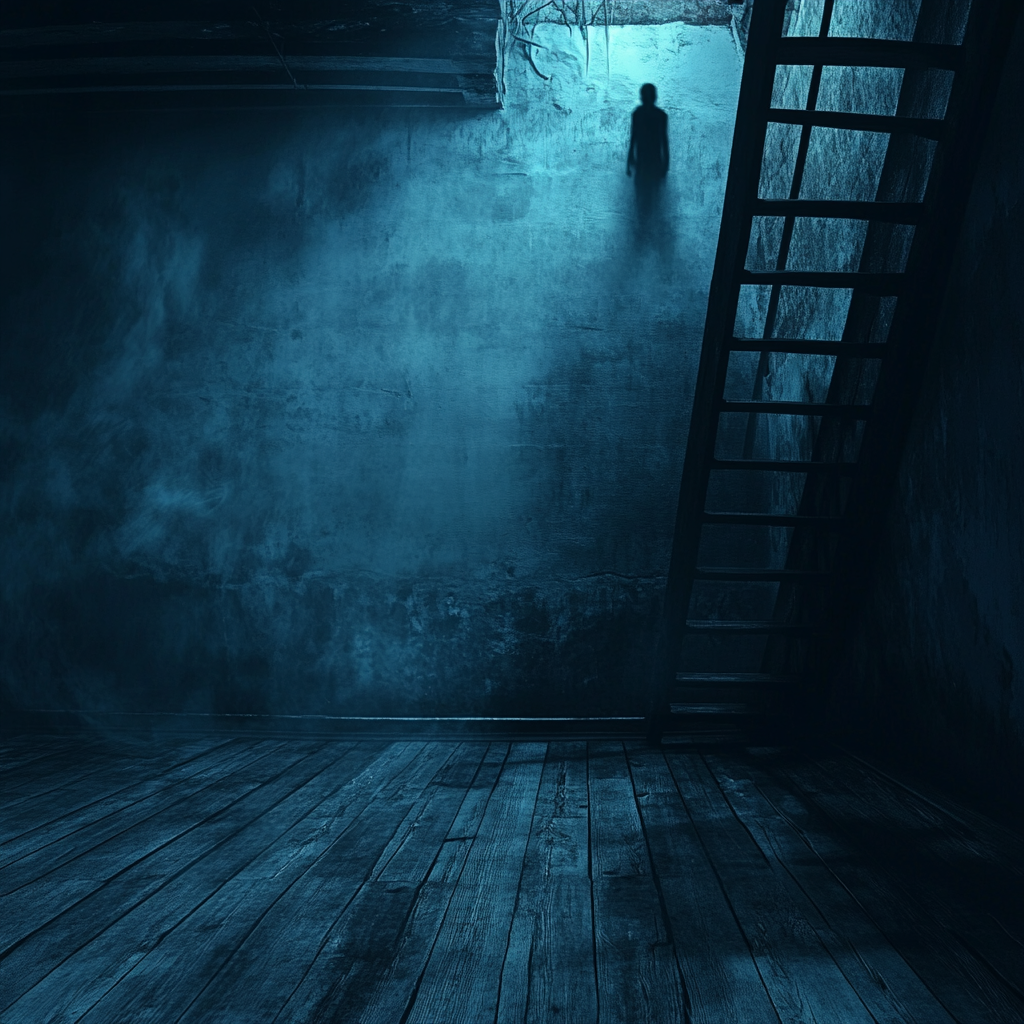 Horror style basement with wooden floor, ladder, figure.