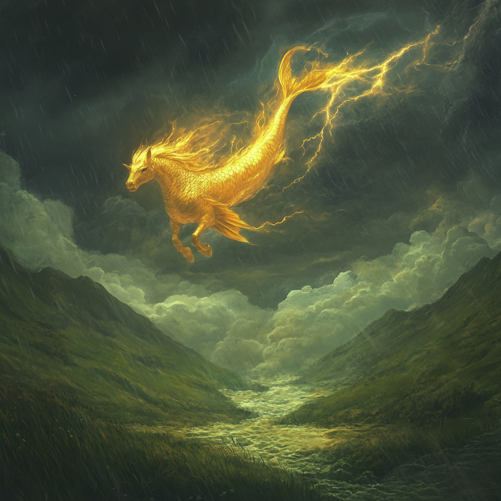 Horse-fish creature swims through stormy sky. Lightning illuminates.