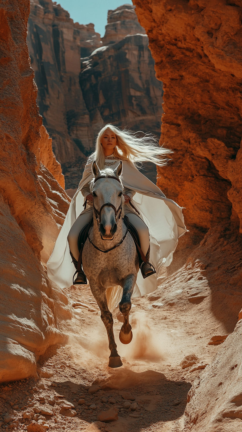 Horse galloping in canyon with woman in cloak.